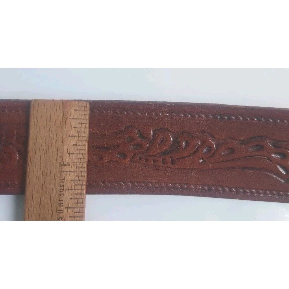 VINTAGE AUTOCAR HOOD ORNAMENT TRUCK BELT BUCKLE & Western Tooled BELT Size 34
